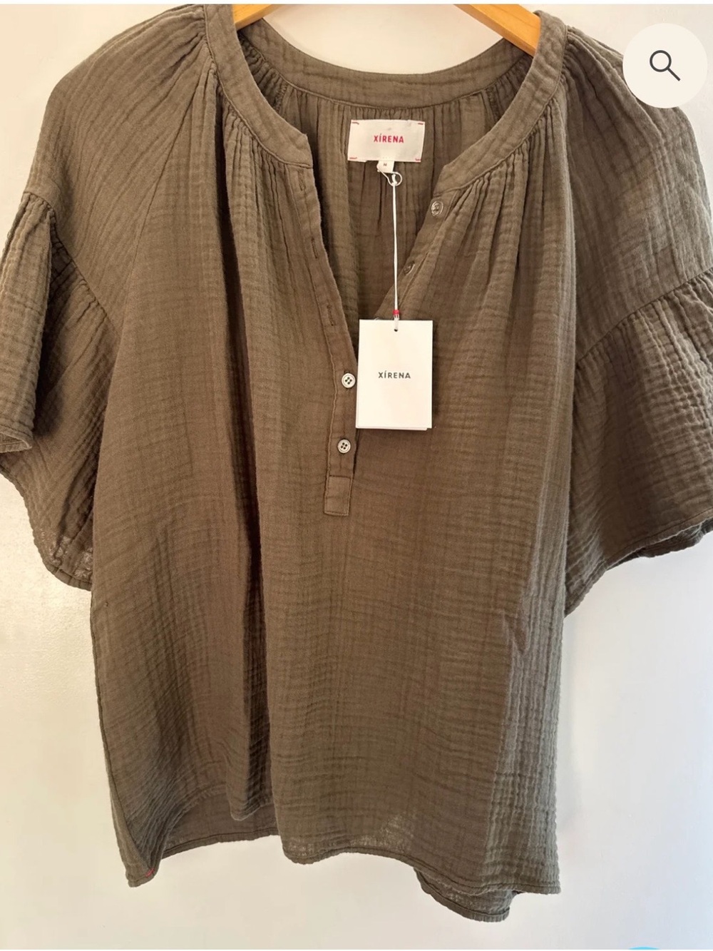 XiRENA Olive Gauze Button-Front Short Sleeve Blouse